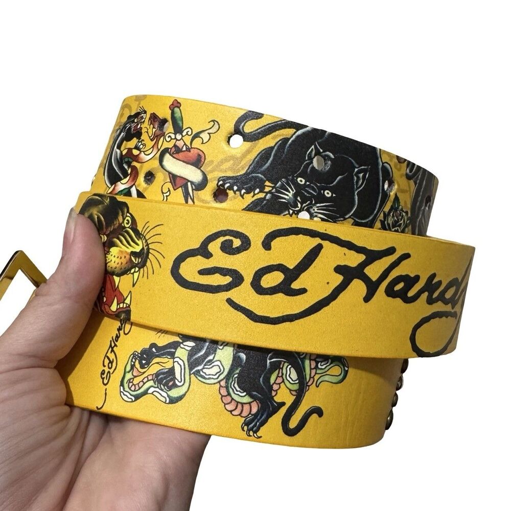 NWT Ed Hardy Yellow Tattoo Belt Studded PU Vegan Leather Size 38 Panther Snake